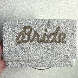 WHITE BACHLORETTE/BRIDE PURSE, MID SIZE CLUTCH W/ SHOULDER CHAIR